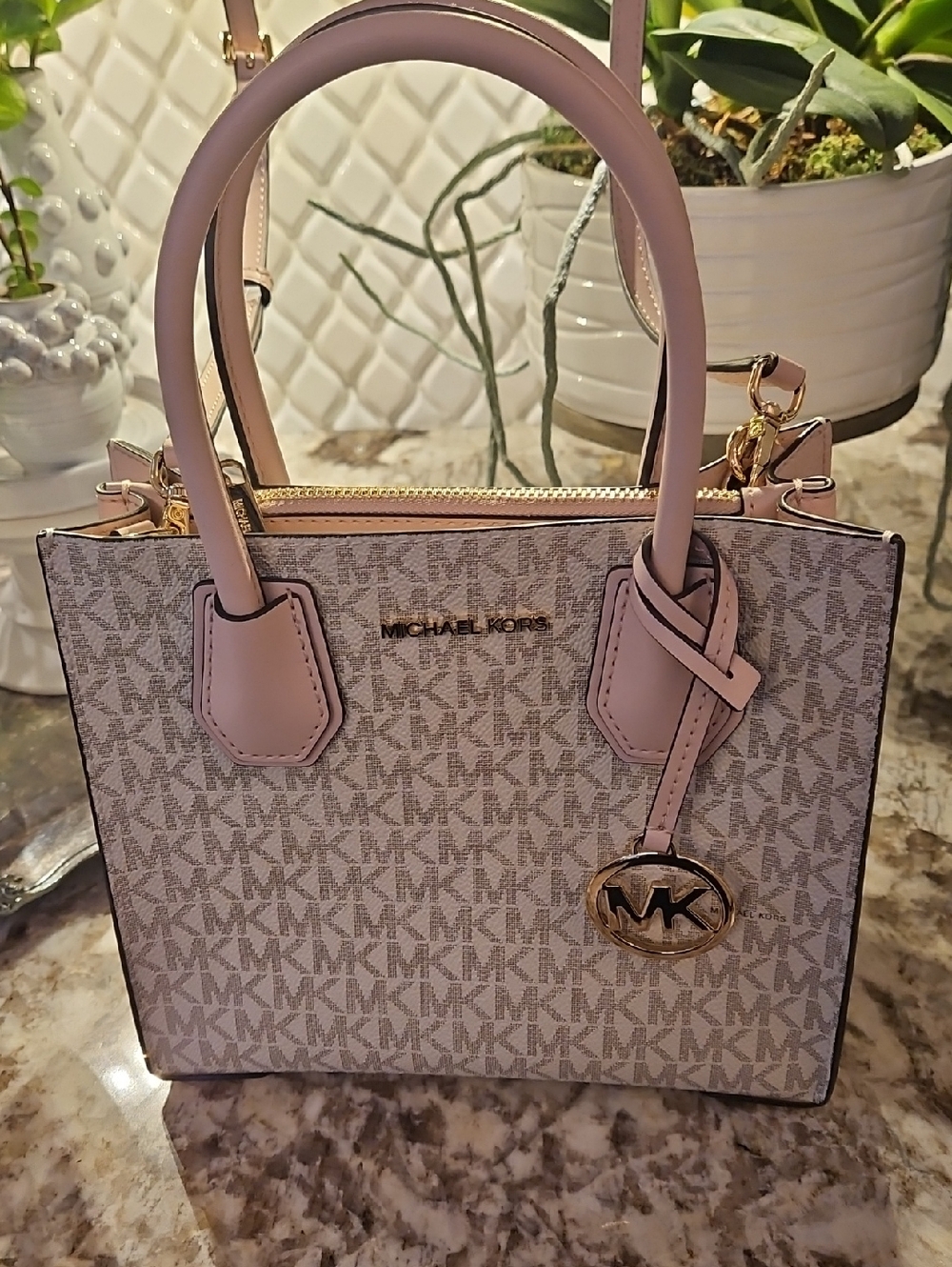 Michael Kors Pink MK Signature Satchel with Gold Accents